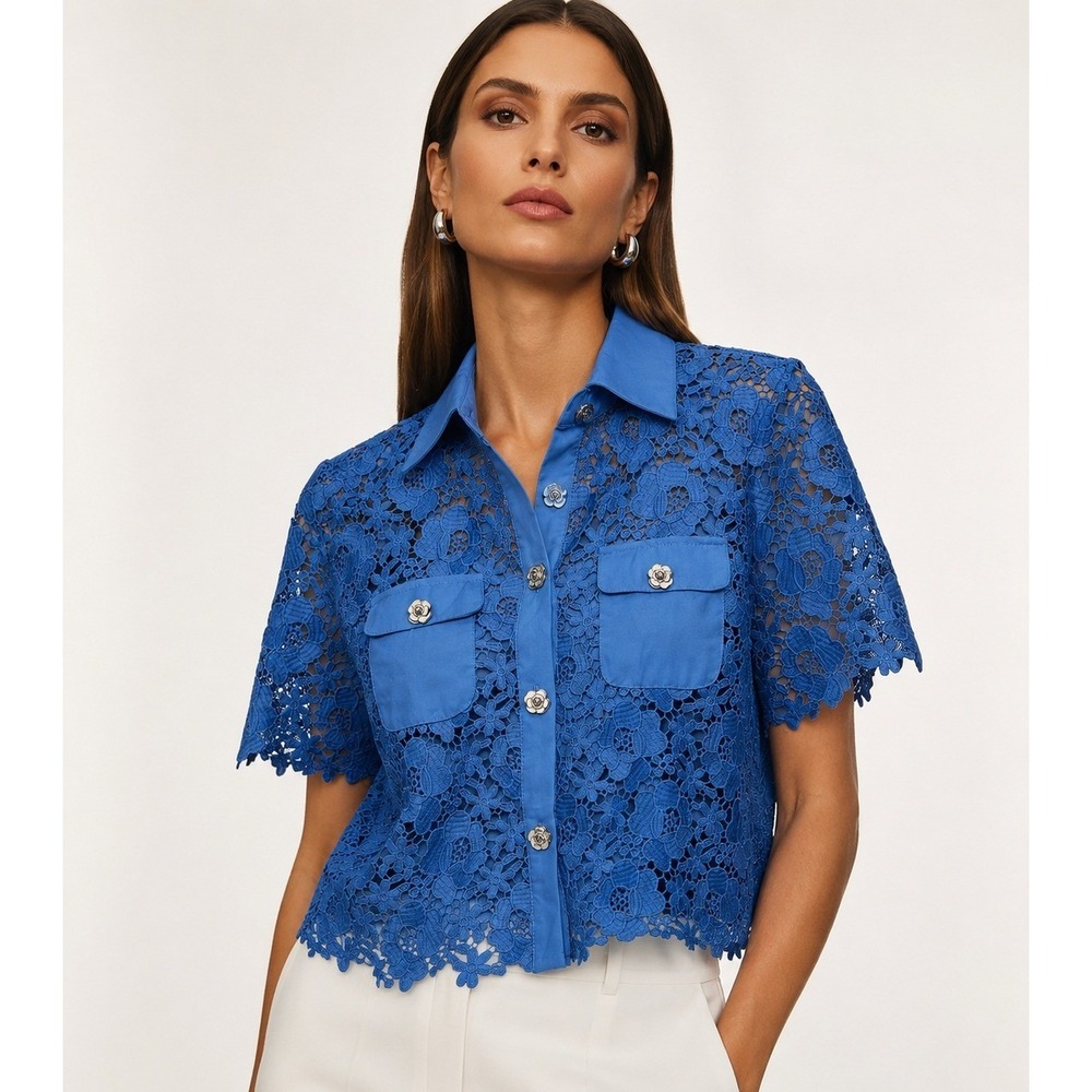 Cece Freeda Lace Shirt Blue Floral Guipure Short Sleeve Button Down XL NEW